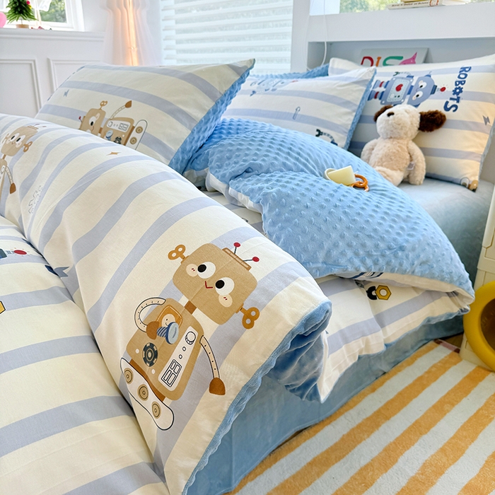 91家纺网 家纺一手货源 找家纺 丫丫家纺 2025学生季全棉高克重豆豆绒三四件套加厚保暖婴儿绒牛奶绒单被套单人双人被套加大号棉加绒三四件套  机器人