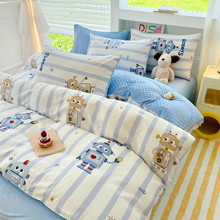 91家纺网 家纺一手货源 找家纺 丫丫家纺 2025学生季全棉高克重豆豆绒三四件套加厚保暖婴儿绒牛奶绒单被套单人双人被套加大号棉加绒三四件套  机器人