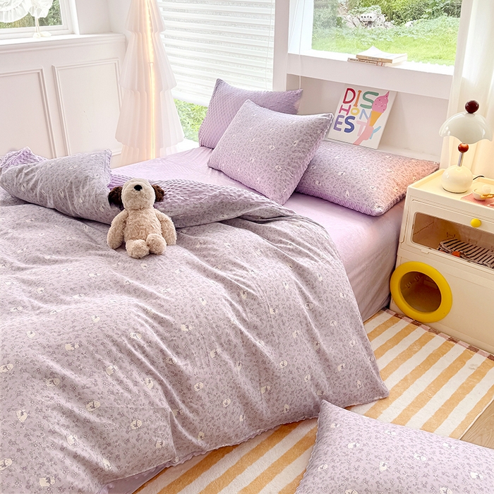 91家纺网 家纺一手货源 找家纺 丫丫家纺 2025学生季全棉高克重豆豆绒三四件套加厚保暖婴儿绒牛奶绒单被套单人双人被套加大号棉加绒三四件套  紫色兔几