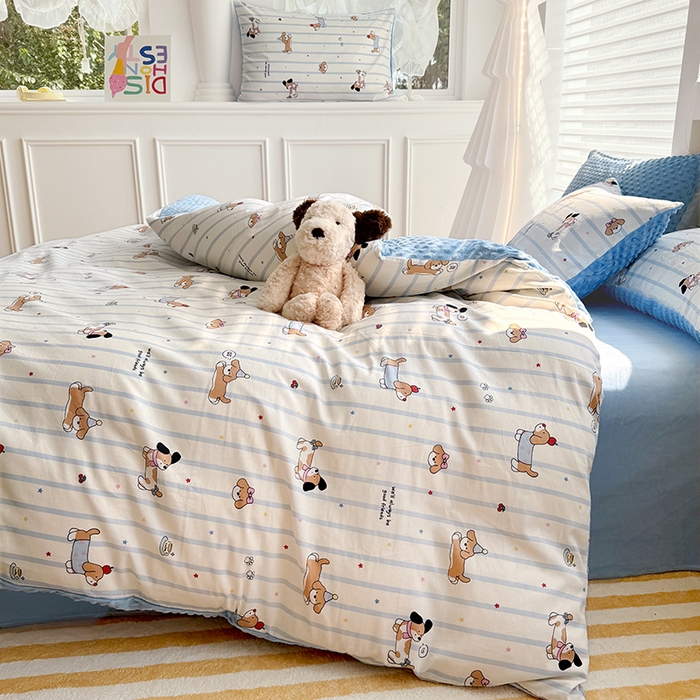 91家纺网 家纺一手货源 找家纺 丫丫家纺 2025学生季全棉高克重豆豆绒三四件套加厚保暖婴儿绒牛奶绒单被套单人双人被套加大号棉加绒三四件套   糖纸童年