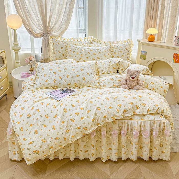 91家纺网 家纺一手货源 找家纺 （总）艾裙海 2025秋冬新款木棉皱皱双层纱夹棉床裙系列四件套