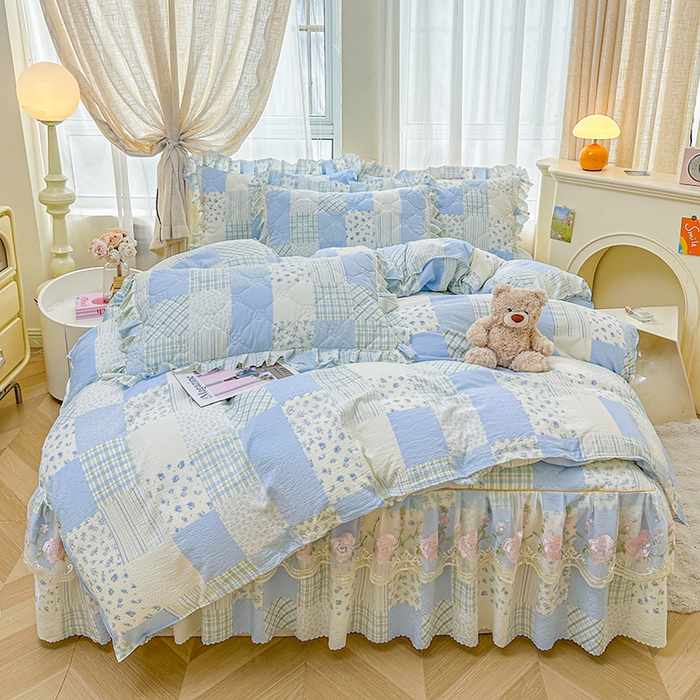 艾裙海 2025秋冬新款木棉皱皱双层纱夹棉床裙系列四件套 百福蓝