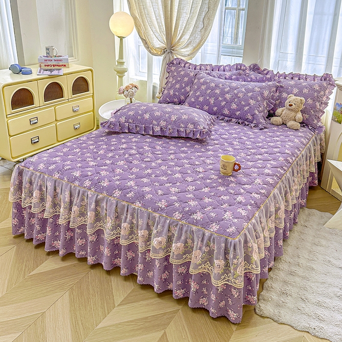 91家纺网 家纺一手货源 找家纺 艾裙海 2025秋冬新款木棉皱皱双层纱夹棉床裙系列四件套 紫藤花语