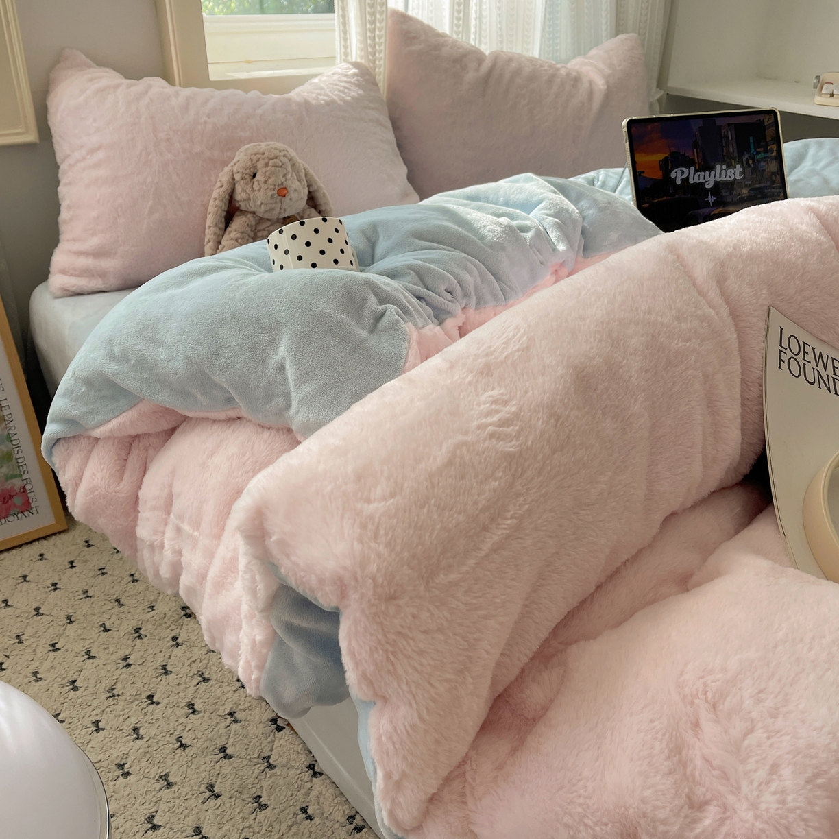 金爱家 2025新款全消光牛奶绒A类纯色獭兔毛绒立体四件套 混搭-粉蓝