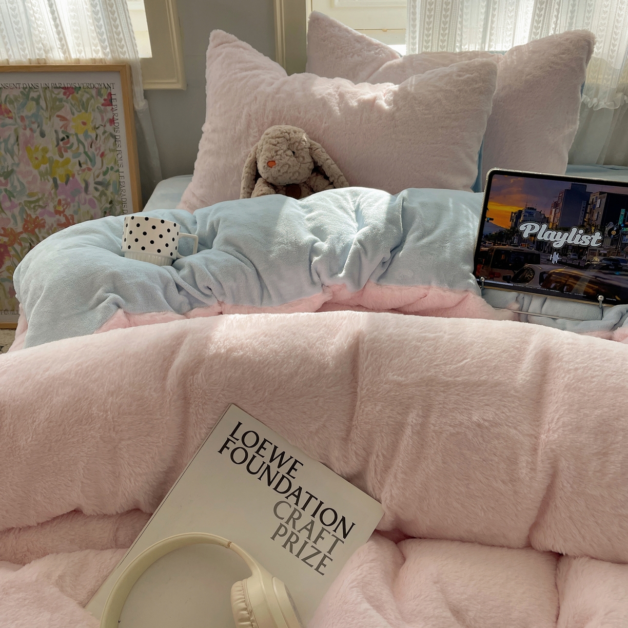 91家纺网 家纺一手货源 找家纺 金爱家 2025新款全消光牛奶绒A类纯色獭兔毛绒立体四件套 混搭-粉蓝