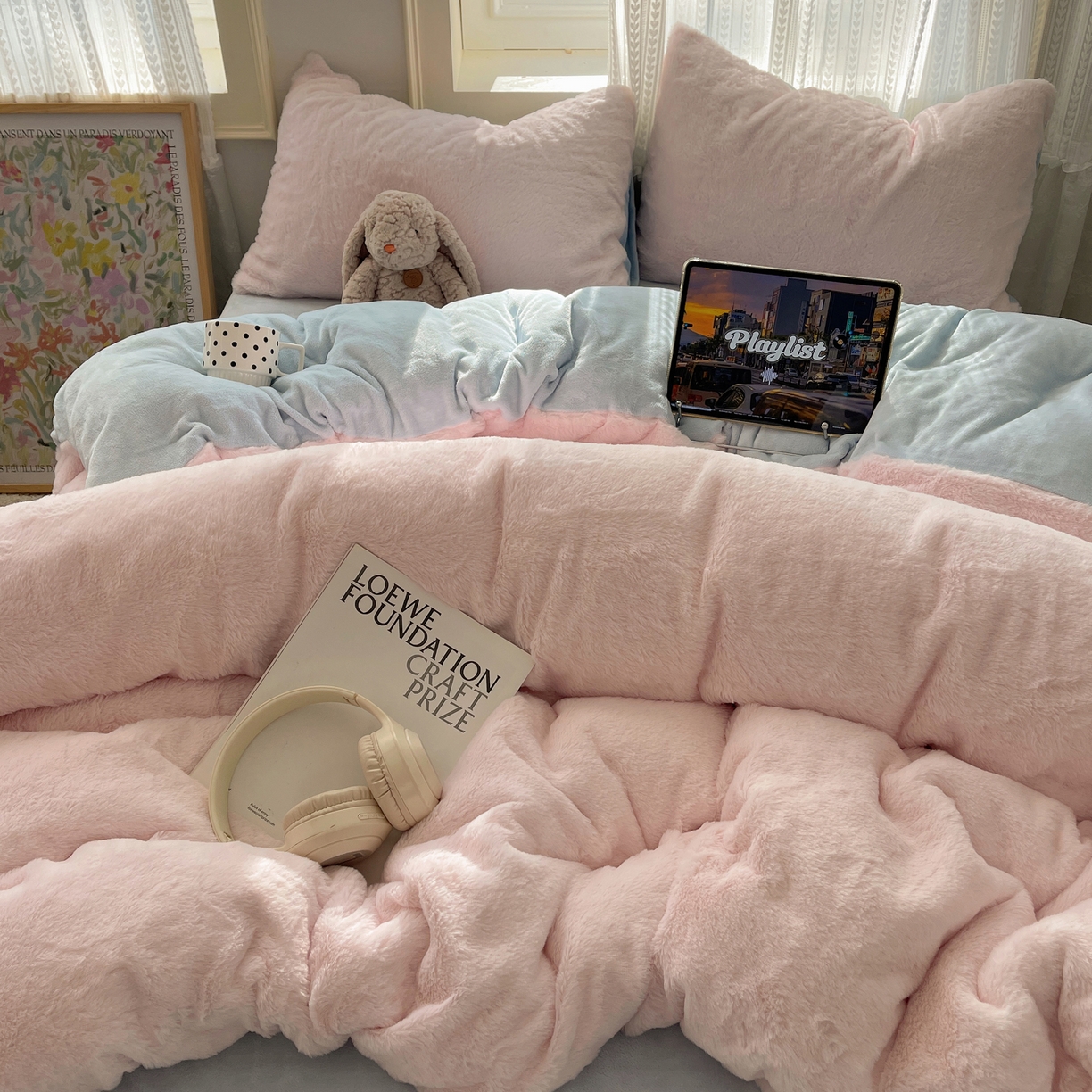 91家纺网 家纺一手货源 找家纺 金爱家 2025新款全消光牛奶绒A类纯色獭兔毛绒立体四件套 混搭-粉蓝