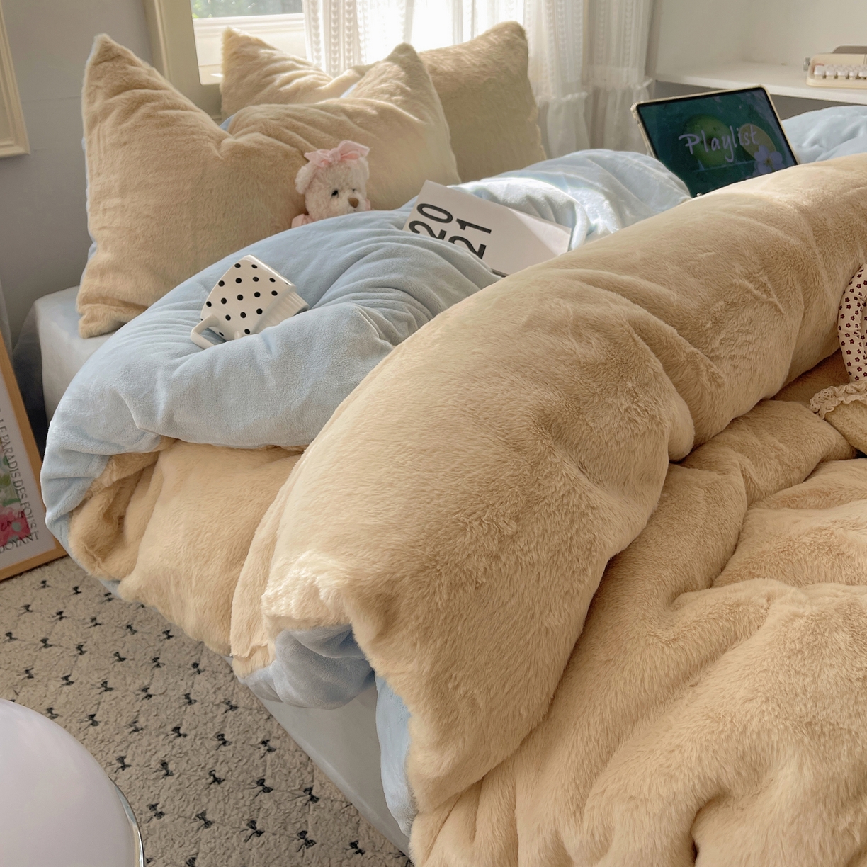 金爱家 2025新款全消光牛奶绒A类纯色獭兔毛绒立体四件套 混搭-黄蓝