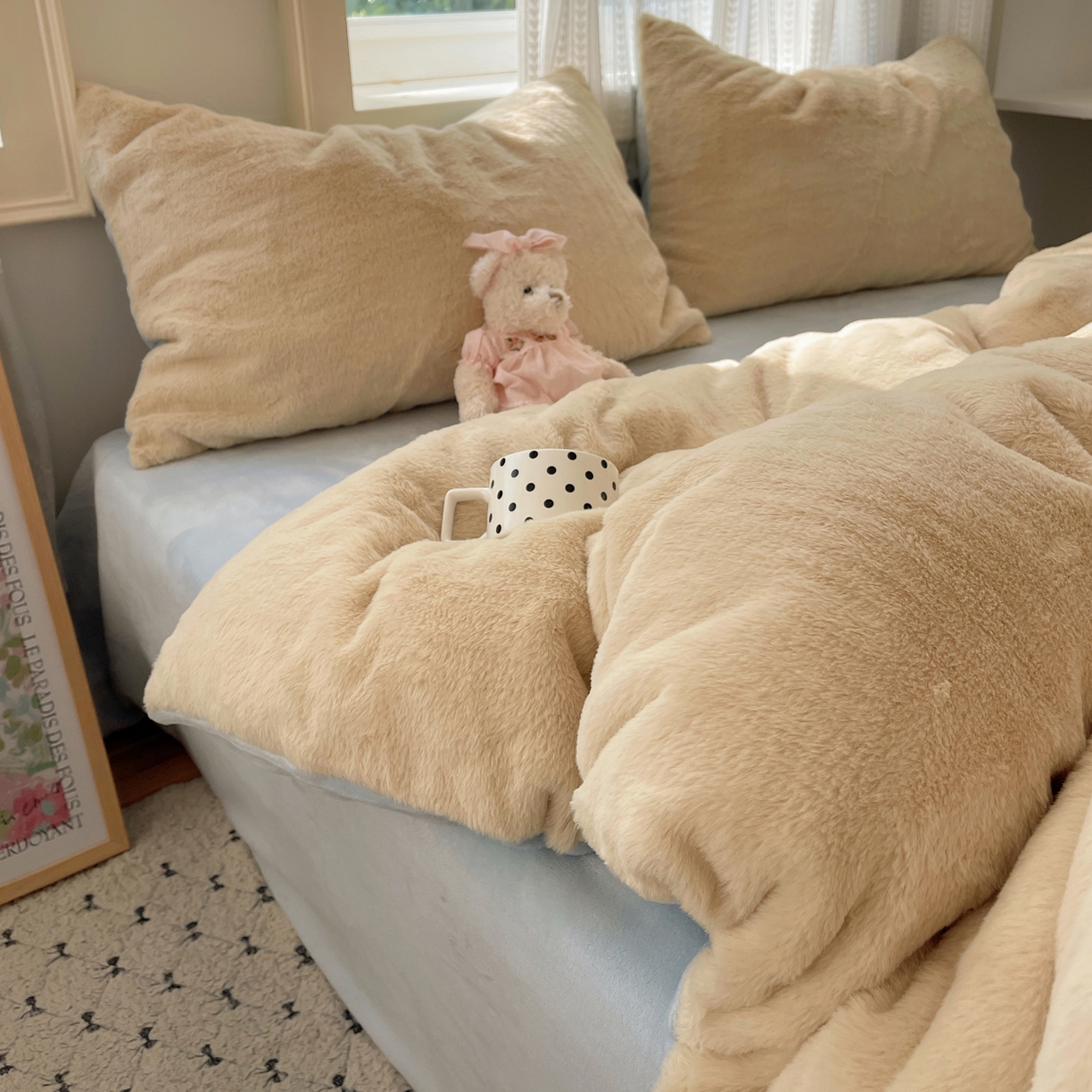 91家纺网 家纺一手货源 找家纺 金爱家 2025新款全消光牛奶绒A类纯色獭兔毛绒立体四件套 混搭-黄蓝