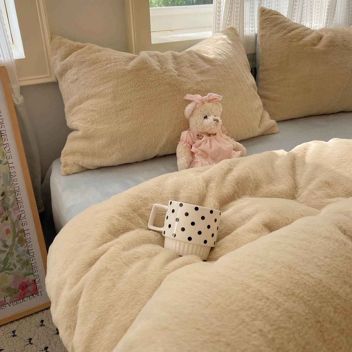 91家纺网 家纺一手货源 找家纺 金爱家 2025新款全消光牛奶绒A类纯色獭兔毛绒立体四件套 混搭-黄蓝