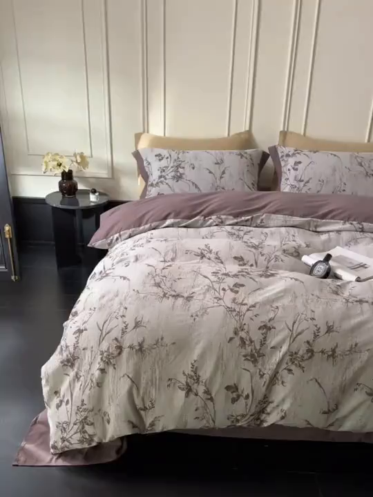 91家纺网 家纺一手货源 找家纺 梦享生活家居 2025新款全棉纯棉色织提花磨毛四件套 全棉磨毛锦绣-深咖