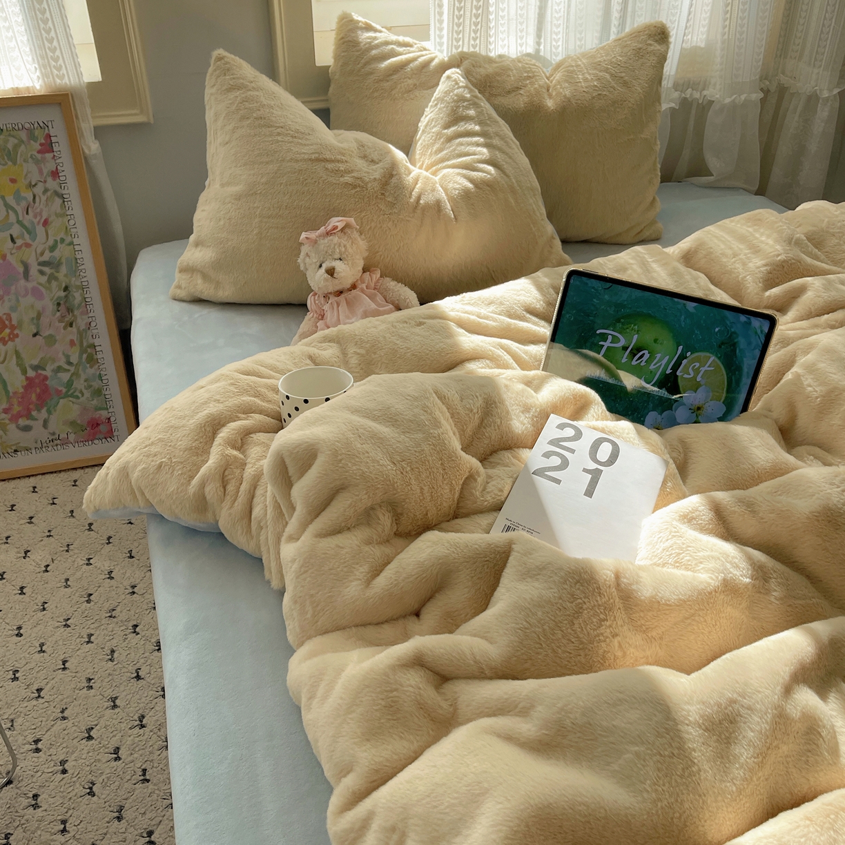 91家纺网 家纺一手货源 找家纺 金爱家 2025新款全消光牛奶绒A类纯色獭兔毛绒立体四件套 混搭-黄蓝