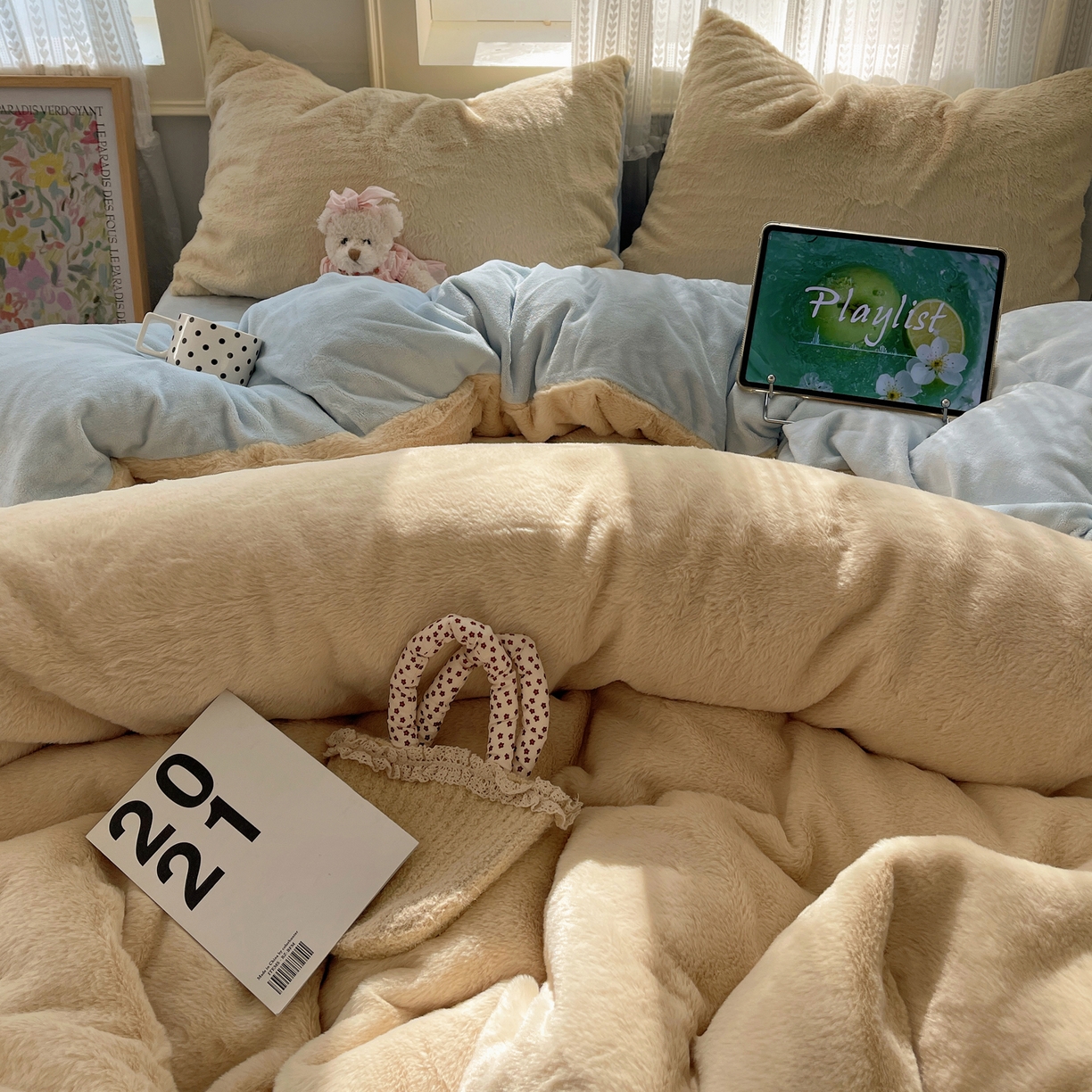 91家纺网 家纺一手货源 找家纺 金爱家 2025新款全消光牛奶绒A类纯色獭兔毛绒立体四件套 混搭-黄蓝