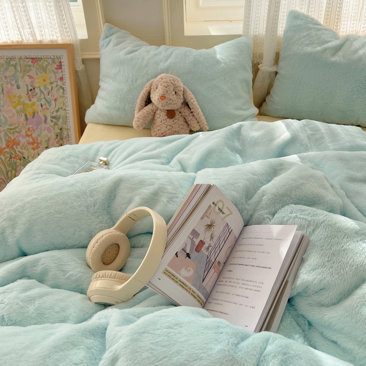 91家纺网 家纺一手货源 找家纺 金爱家 2025新款全消光牛奶绒A类纯色獭兔毛绒立体四件套 混搭-蓝黄