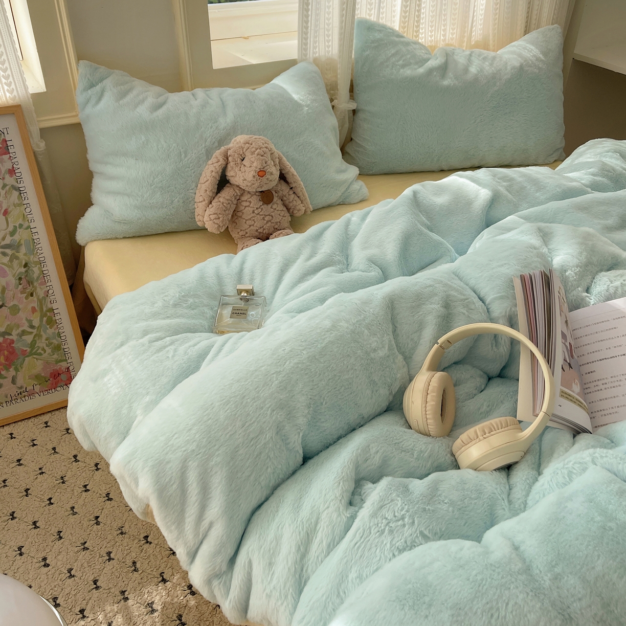 91家纺网 家纺一手货源 找家纺 金爱家 2025新款全消光牛奶绒A类纯色獭兔毛绒立体四件套 混搭-蓝黄