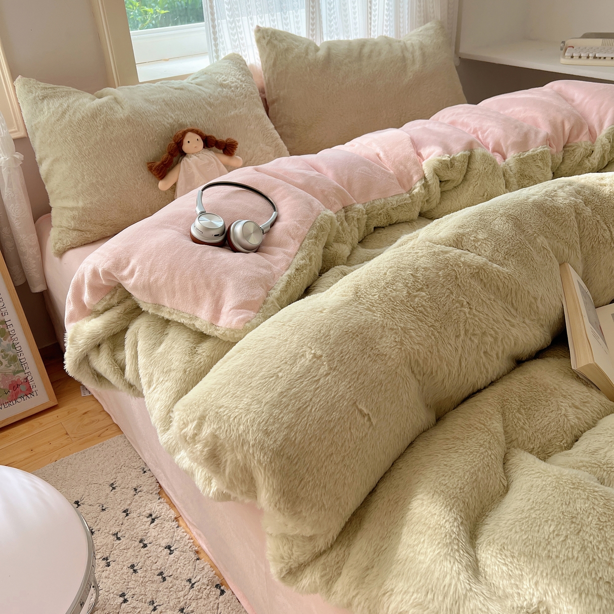 金爱家 2025新款全消光牛奶绒A类纯色獭兔毛绒立体四件套 混搭-绿粉