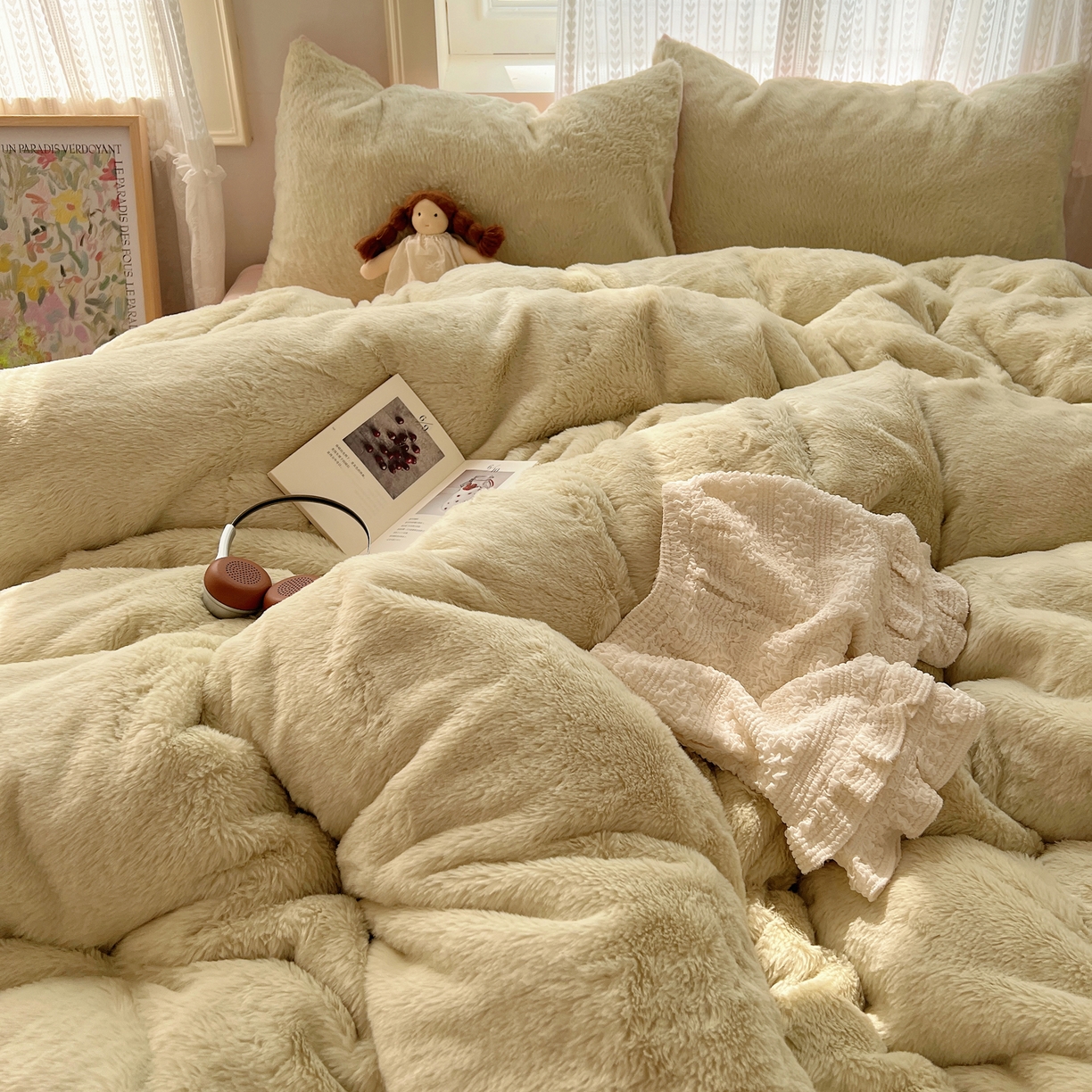 91家纺网 家纺一手货源 找家纺 金爱家 2025新款全消光牛奶绒A类纯色獭兔毛绒立体四件套 混搭-绿粉