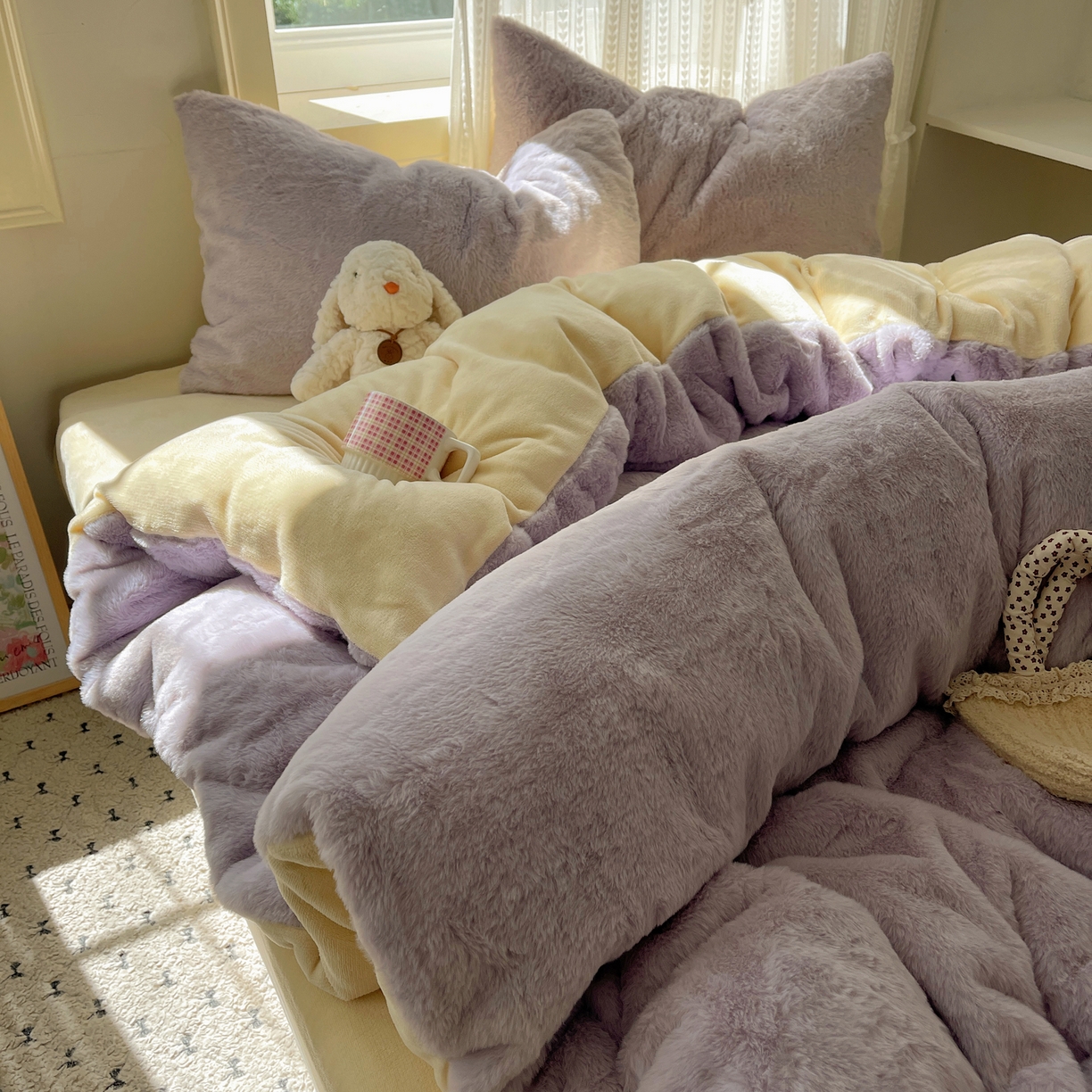 金爱家 2025新款全消光牛奶绒A类纯色獭兔毛绒立体四件套 混搭-紫黄