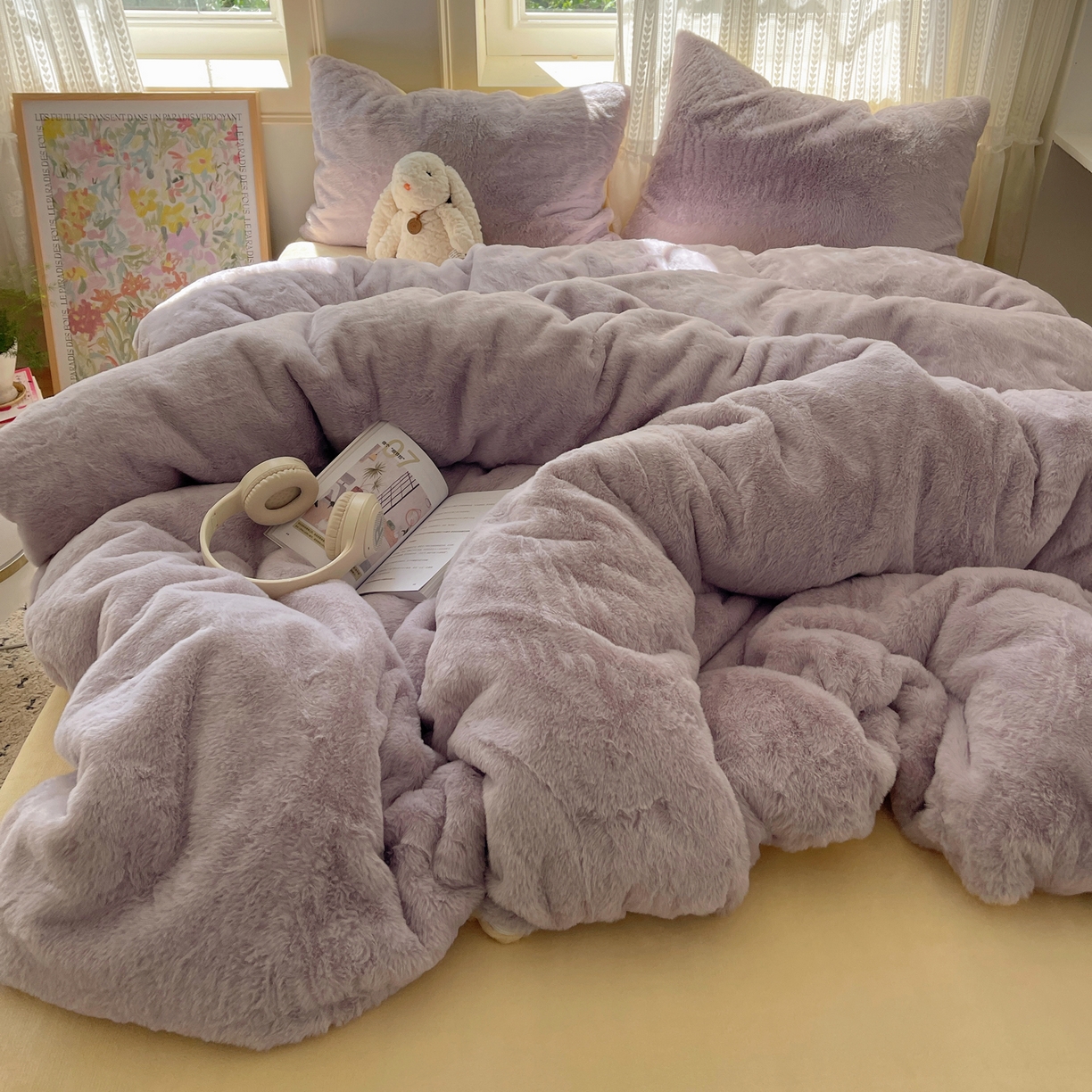 91家纺网 家纺一手货源 找家纺 金爱家 2025新款全消光牛奶绒A类纯色獭兔毛绒立体四件套 混搭-紫黄