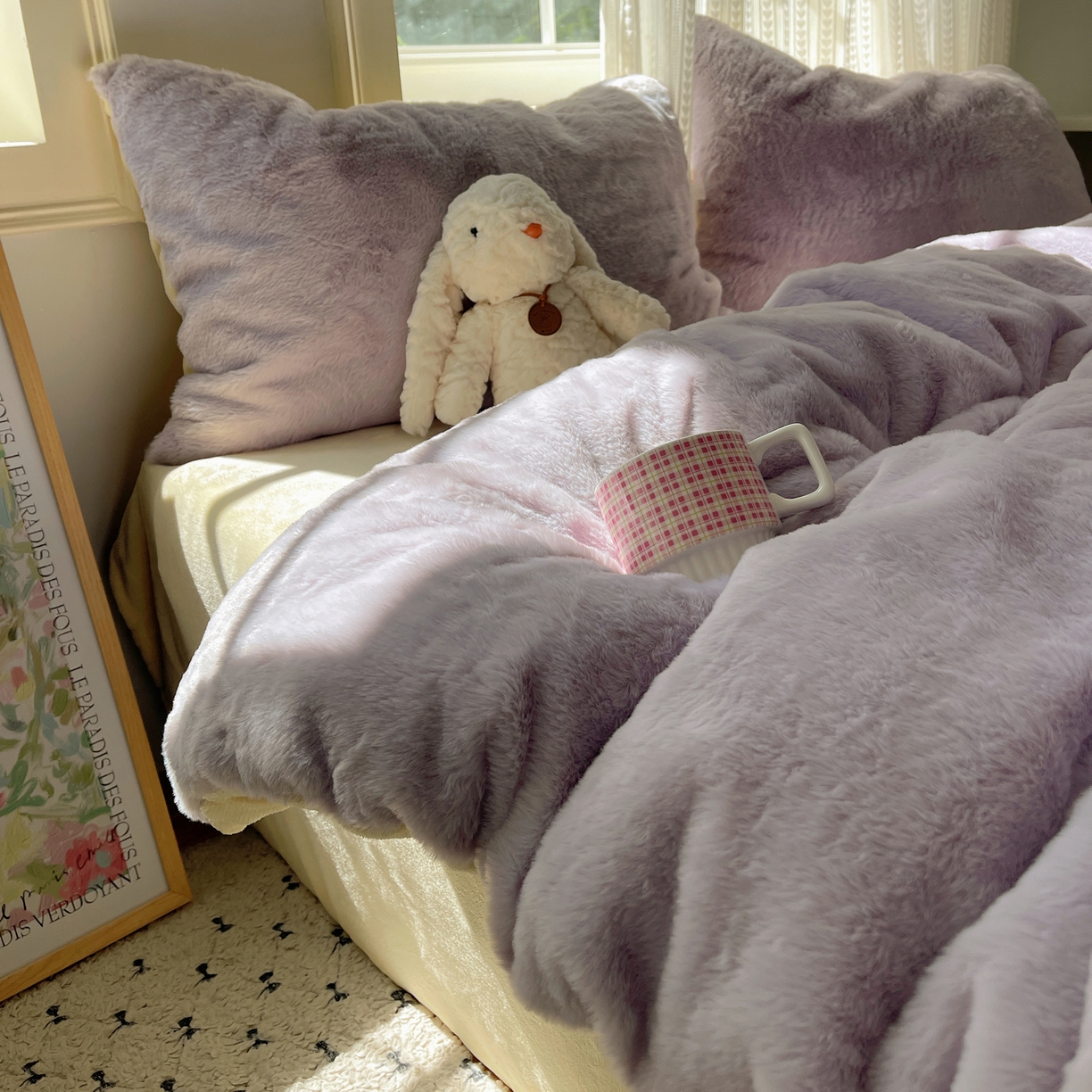 91家纺网 家纺一手货源 找家纺 金爱家 2025新款全消光牛奶绒A类纯色獭兔毛绒立体四件套 混搭-紫黄