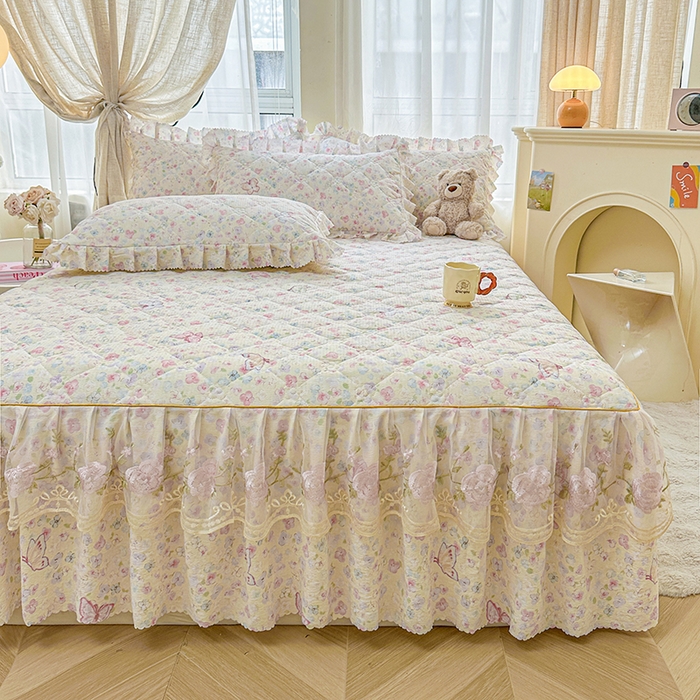 91家纺网 家纺一手货源 找家纺 艾裙海 2025秋冬新款木棉皱皱双层纱夹棉床裙系列单品床裙 繁华碟影