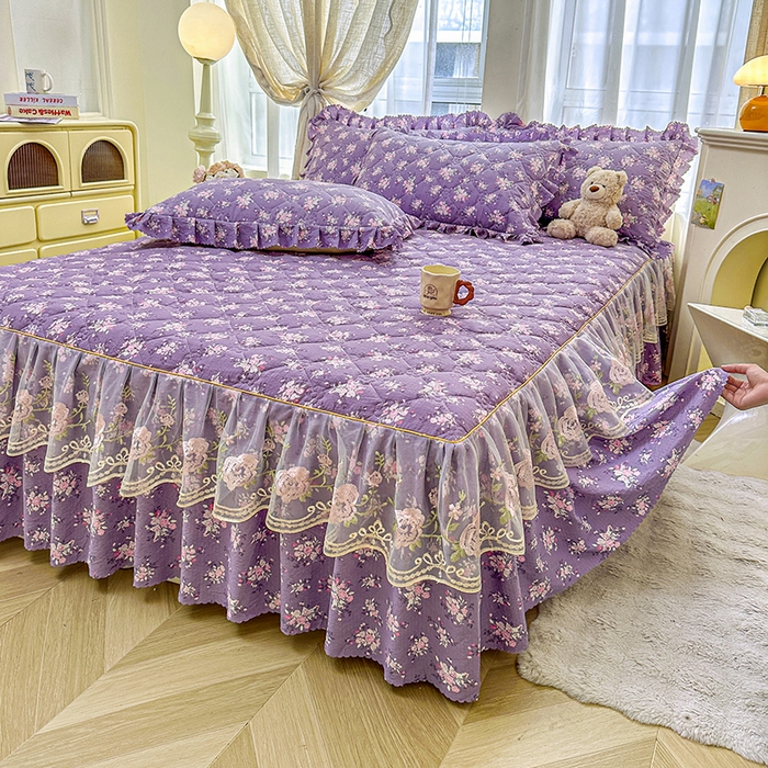 艾裙海 2025秋冬新款木棉皱皱双层纱夹棉床裙系列单品床裙 紫藤花语