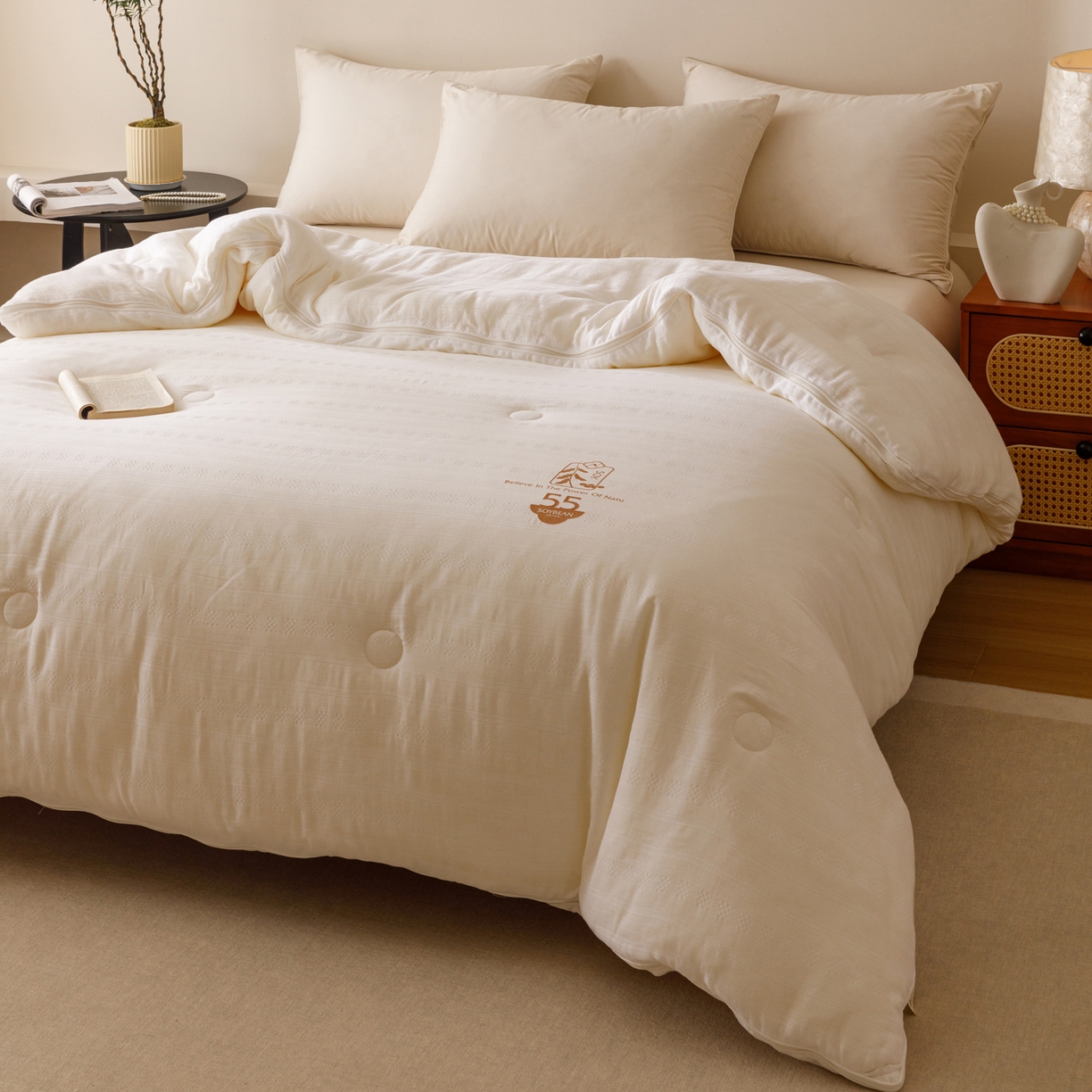 91家纺网 家纺一手货源 找家纺 子由家居 2025新款全棉纯棉有氧双层提花55大豆被被子被芯 双层纱55大豆子母被