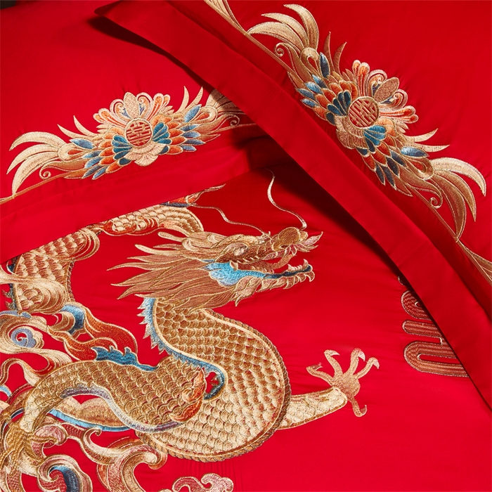 91家纺网 家纺一手货源 找家纺 红番天家居馆 （控价）2025新款纯棉新中式刺绣婚庆四件套（每款供货价的基础上一切活动券后+100） 欢龙喜凤-金