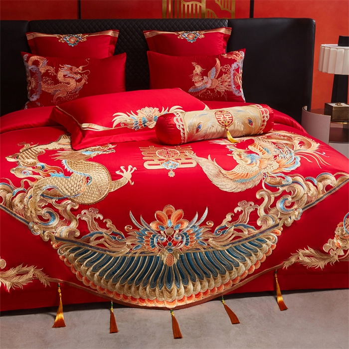 91家纺网 家纺一手货源 找家纺 红番天家居馆 （控价）2025新款纯棉新中式刺绣婚庆四件套（每款供货价的基础上一切活动券后+100） 欢龙喜凤-金