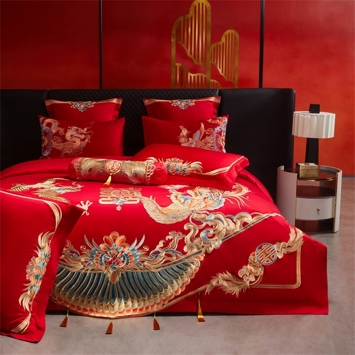 91家纺网 家纺一手货源 找家纺 红番天家居馆 （控价）2025新款纯棉新中式刺绣婚庆四件套（每款供货价的基础上一切活动券后+100） 欢龙喜凤-金