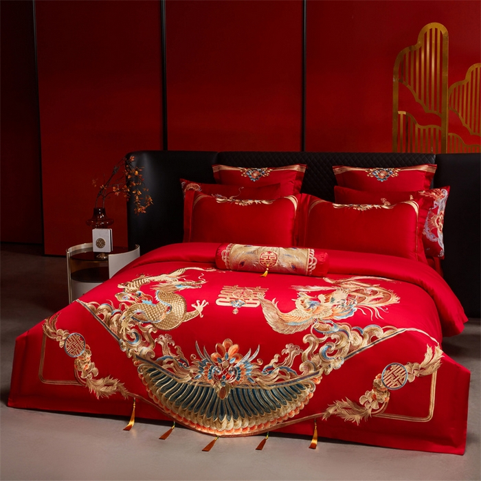 91家纺网 家纺一手货源 找家纺 红番天家居馆 （控价）2025新款纯棉新中式刺绣婚庆四件套（每款供货价的基础上一切活动券后+100） 欢龙喜凤-金