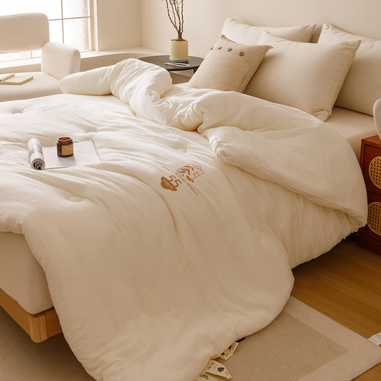 91家纺网 家纺一手货源 找家纺 子由家居 2025新款全棉纯棉有氧双层提花55大豆被被子被芯 双层纱55大豆被