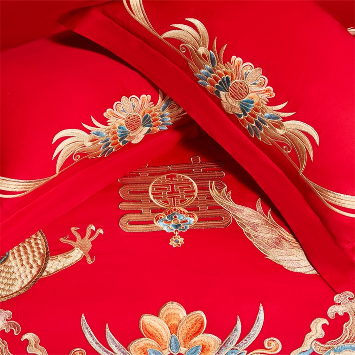 91家纺网 家纺一手货源 找家纺 红番天家居馆 （控价）2025新款纯棉新中式刺绣婚庆四件套（每款供货价的基础上一切活动券后+100） 欢龙喜凤-金