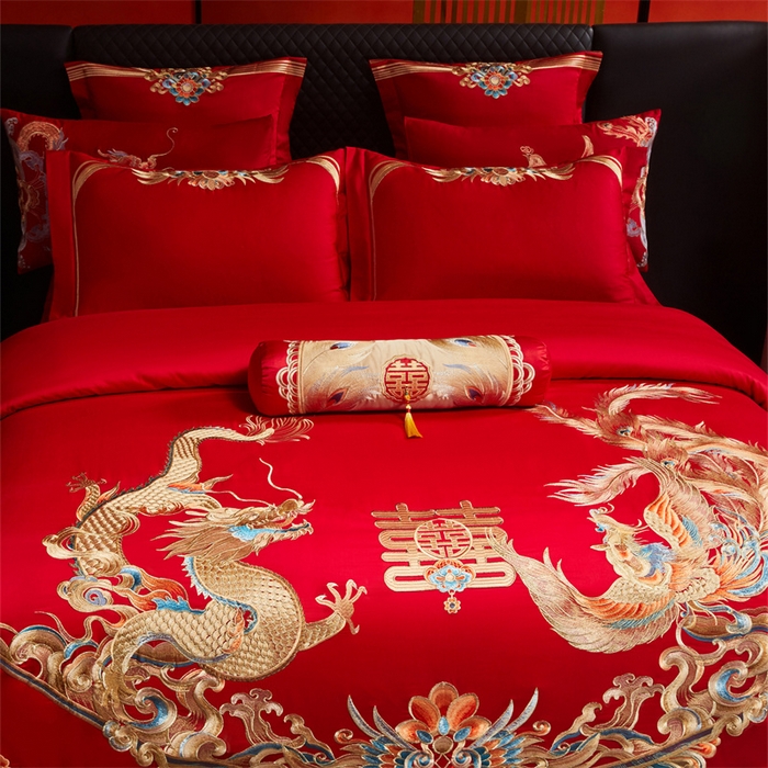 91家纺网 家纺一手货源 找家纺 红番天家居馆 （控价）2025新款纯棉新中式刺绣婚庆四件套（每款供货价的基础上一切活动券后+100） 欢龙喜凤-金