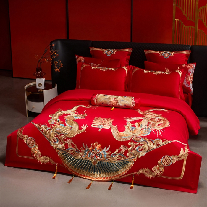91家纺网 家纺一手货源 找家纺 红番天家居馆 （控价）2025新款纯棉新中式刺绣婚庆四件套（每款供货价的基础上一切活动券后+100） 欢龙喜凤-金