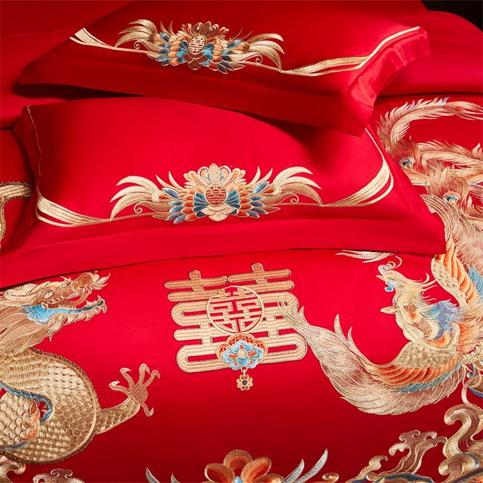 91家纺网 家纺一手货源 找家纺 红番天家居馆 （控价）2025新款纯棉新中式刺绣婚庆四件套（每款供货价的基础上一切活动券后+100） 欢龙喜凤-金