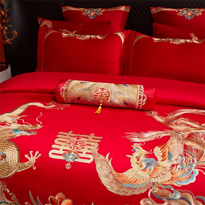 91家纺网 家纺一手货源 找家纺 红番天家居馆 （控价）2025新款纯棉新中式刺绣婚庆四件套（每款供货价的基础上一切活动券后+100） 欢龙喜凤-金