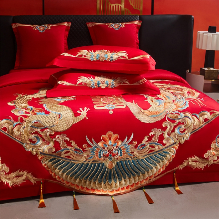 91家纺网 家纺一手货源 找家纺 红番天家居馆 （控价）2025新款纯棉新中式刺绣婚庆四件套（每款供货价的基础上一切活动券后+100） 欢龙喜凤-金