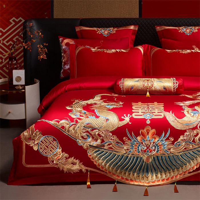 91家纺网 家纺一手货源 找家纺 红番天家居馆 （控价）2025新款纯棉新中式刺绣婚庆四件套（每款供货价的基础上一切活动券后+100） 欢龙喜凤-金