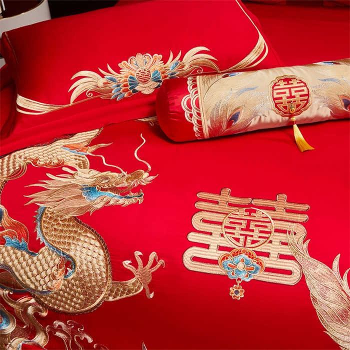 91家纺网 家纺一手货源 找家纺 红番天家居馆 （控价）2025新款纯棉新中式刺绣婚庆四件套（每款供货价的基础上一切活动券后+100） 欢龙喜凤-金