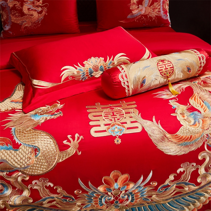 91家纺网 家纺一手货源 找家纺 红番天家居馆 （控价）2025新款纯棉新中式刺绣婚庆四件套（每款供货价的基础上一切活动券后+100） 欢龙喜凤-金