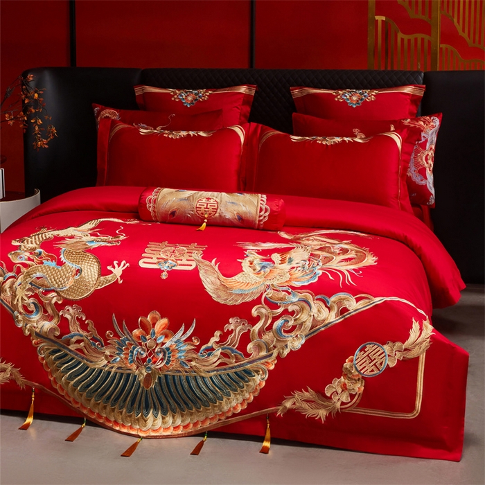 91家纺网 家纺一手货源 找家纺 红番天家居馆 （控价）2025新款纯棉新中式刺绣婚庆四件套（每款供货价的基础上一切活动券后+100） 欢龙喜凤-金