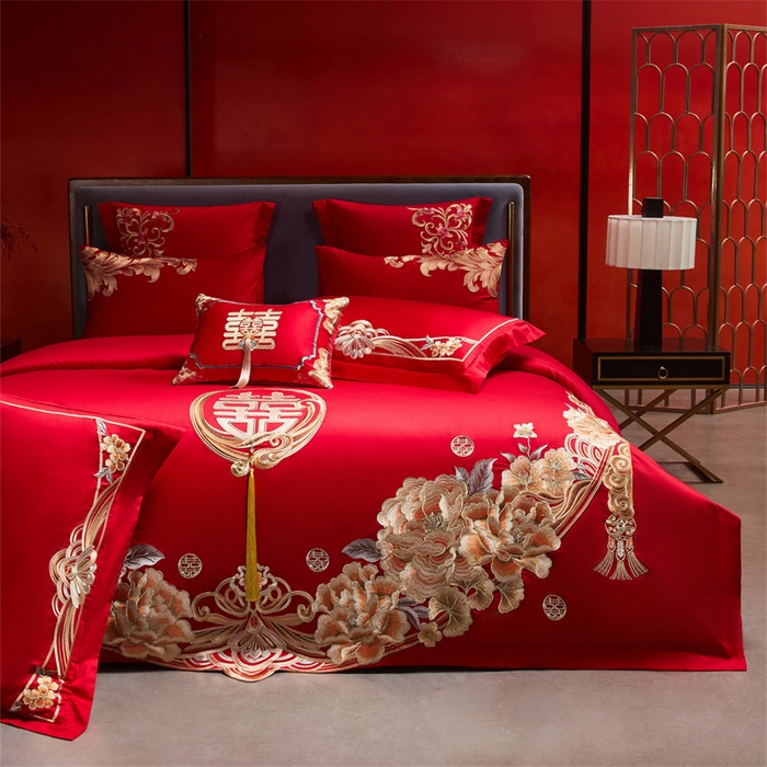 91家纺网 家纺一手货源 找家纺 红番天家居馆 （控价）2025新款纯棉新中式刺绣婚庆四件套（每款供货价的基础上一切活动券后+100） 繁花筑梦-金