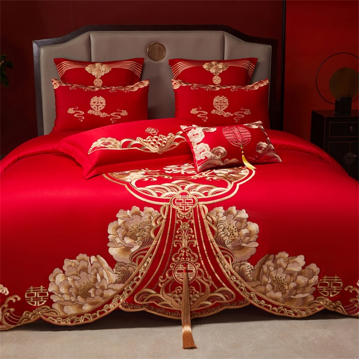 91家纺网 家纺一手货源 找家纺 红番天家居馆 （控价）2025新款纯棉新中式刺绣婚庆四件套（每款供货价的基础上一切活动券后+100） 绮梦花境-金
