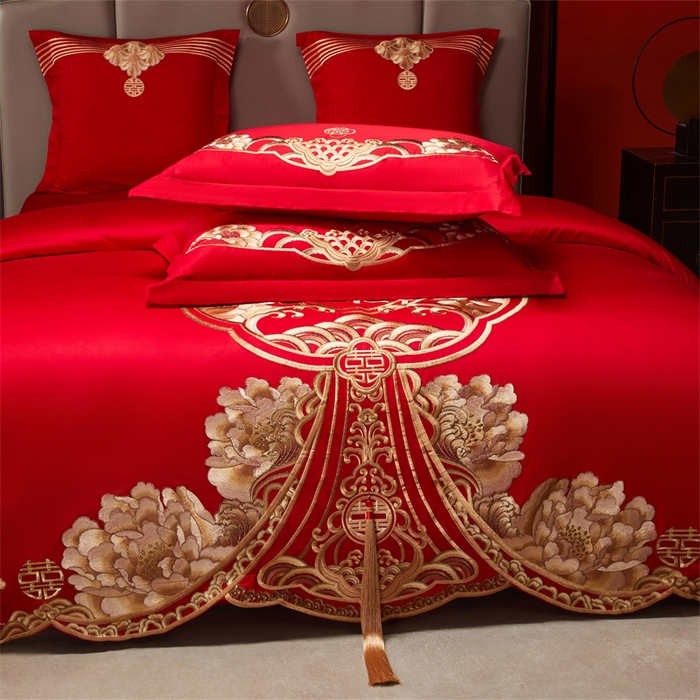 91家纺网 家纺一手货源 找家纺 红番天家居馆 （控价）2025新款纯棉新中式刺绣婚庆四件套（每款供货价的基础上一切活动券后+100） 绮梦花境-金