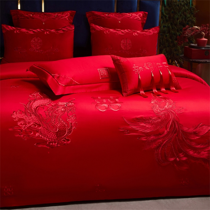 91家纺网 家纺一手货源 找家纺 红番天家居馆 （控价）2025新款纯棉新中式刺绣婚庆四件套（每款供货价的基础上一切活动券后+100） 心有灵犀-红