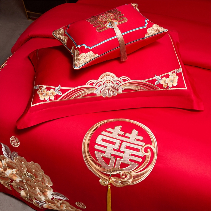 91家纺网 家纺一手货源 找家纺 红番天家居馆 （控价）2025新款纯棉新中式刺绣婚庆四件套（每款供货价的基础上一切活动券后+100） 繁花筑梦-金