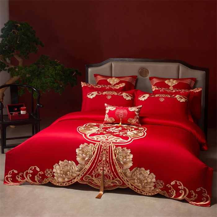 91家纺网 家纺一手货源 找家纺 红番天家居馆 （控价）2025新款纯棉新中式刺绣婚庆四件套（每款供货价的基础上一切活动券后+100） 绮梦花境-金