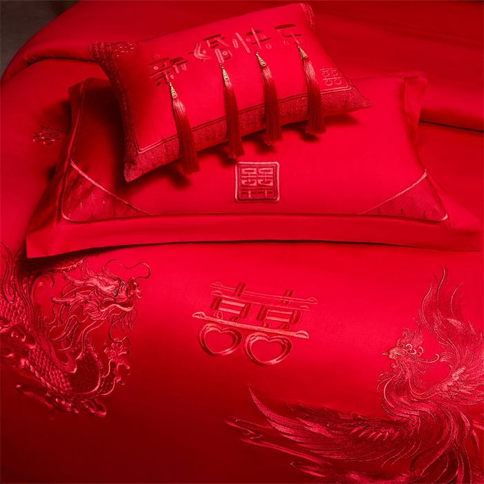 91家纺网 家纺一手货源 找家纺 红番天家居馆 （控价）2025新款纯棉新中式刺绣婚庆四件套（每款供货价的基础上一切活动券后+100） 心有灵犀-红
