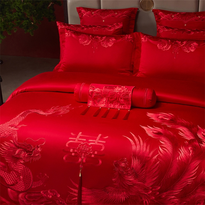 91家纺网 家纺一手货源 找家纺 红番天家居馆 （控价）2025新款纯棉新中式刺绣婚庆四件套（每款供货价的基础上一切活动券后+100） 龙凤和喜-红