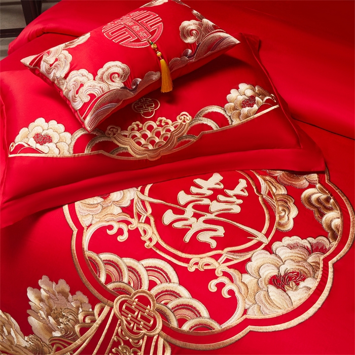 91家纺网 家纺一手货源 找家纺 红番天家居馆 （控价）2025新款纯棉新中式刺绣婚庆四件套（每款供货价的基础上一切活动券后+100） 绮梦花境-金
